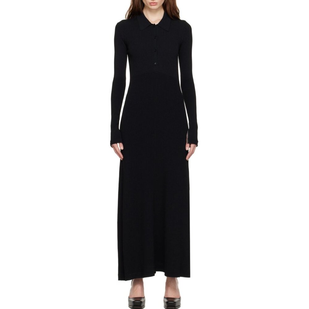 Maria McManus Ribbed Knit Maxi Dress w Collar in Black, size Small